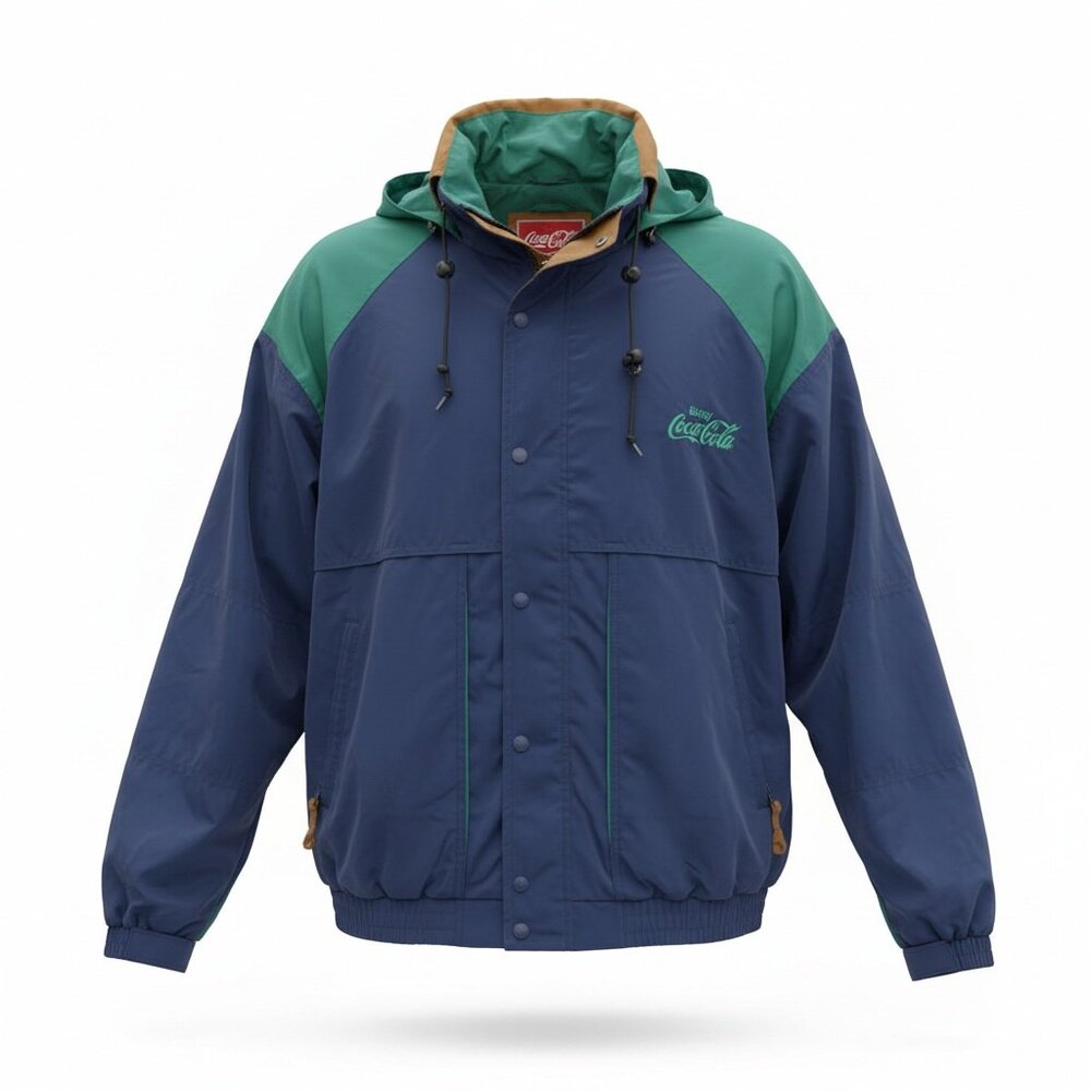 Vintage Coca-Cola Jacket Mens L Blue Green Tan Dunbrooke Snap and Zipper Front